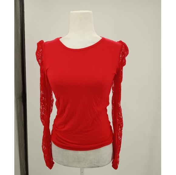 Red Lace Long Sleeve Round Neck Top - Picture 5 of 9